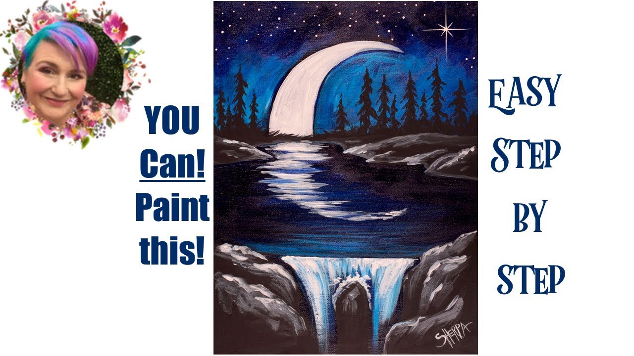 Moon and Waterfall at night Easy Painting in acrylic Live Streaming | TheArtSherpa