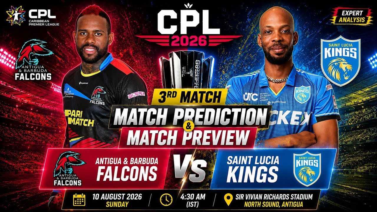 Antigua & Barbuda Falcons vs Saint Lucia Kings 3rd Match Prediction 2026 | मैच कौन जीतेगा?  CPL 2026
