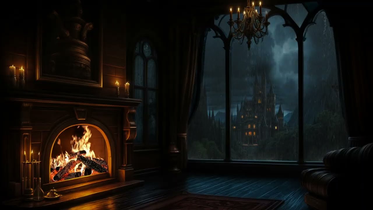 Dark Castle Storm Night • Rolling Thunder, Rainfall & Cozy Fireplace Ambience | No Ads