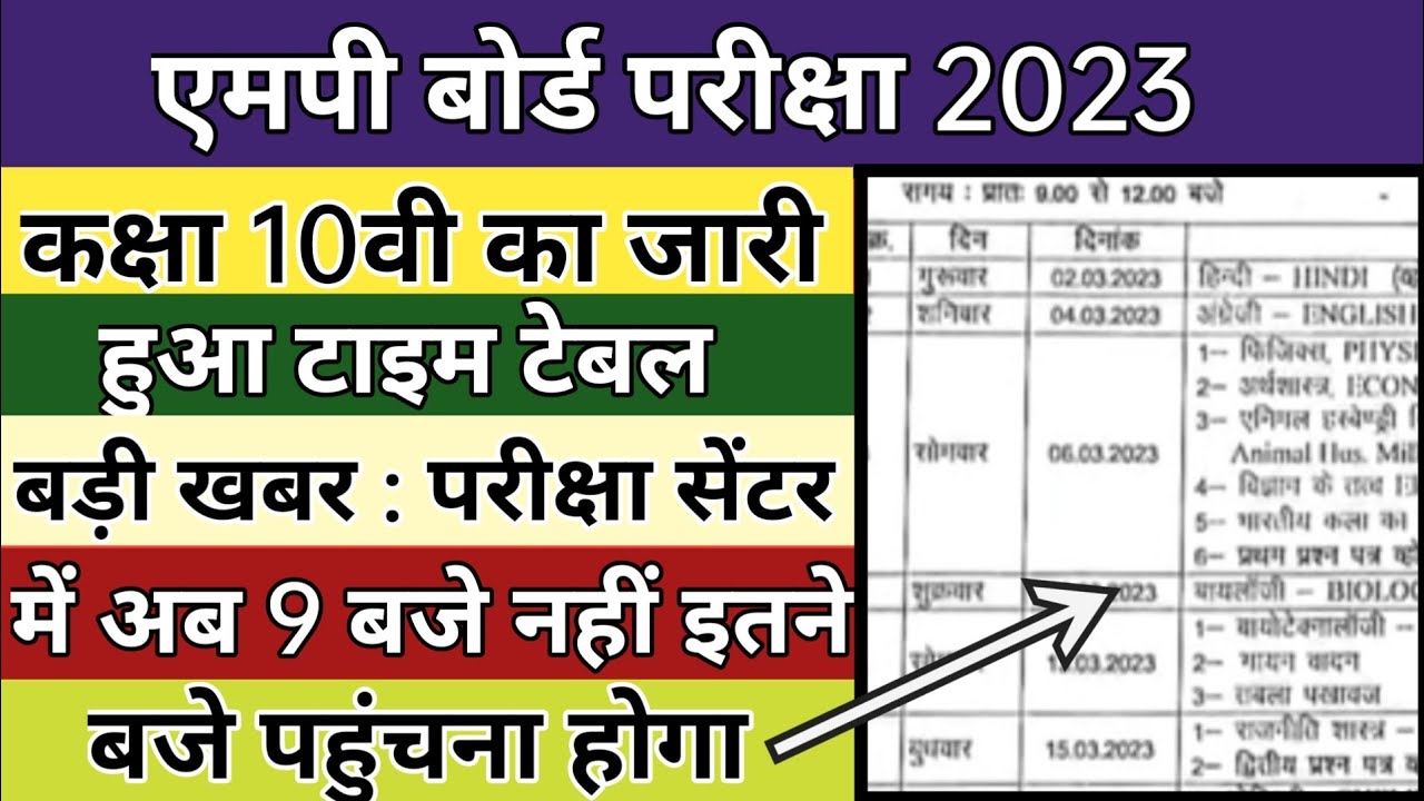 Mp Board Exam Time Table 2023 | Mp Board 10th Time Table 2023 | Class 10th Exam Time Table 2023.