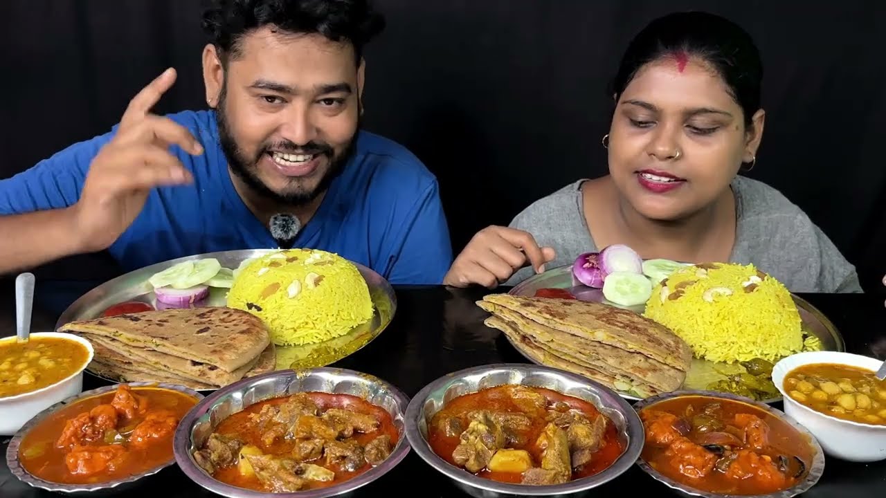 mutton curry, chillichicken, chana masala, aloo parata and pulao eating challange