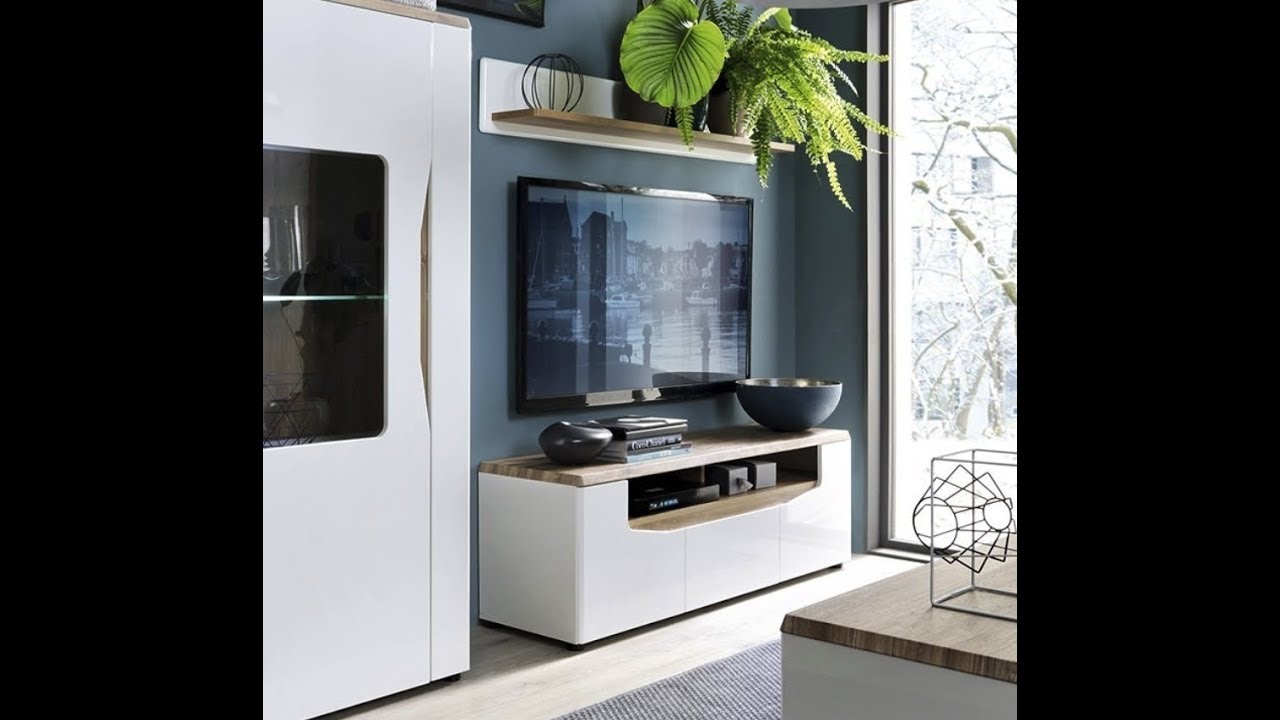 Toledo Wide Large Modern Designer 2 Door 1 Drawer TV Unit In White Gloss & Oak