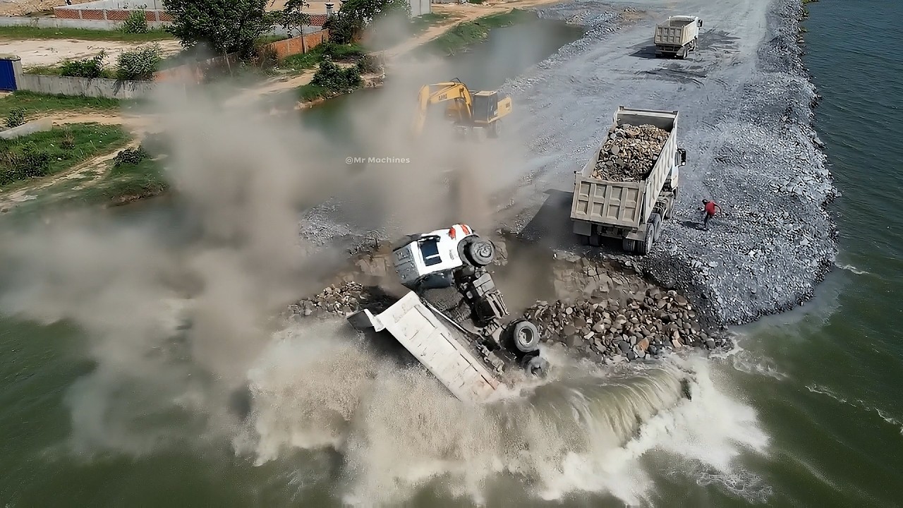 Mega Construction Power Turning Deep Water To Land Bulldozer Move Ton of Rocks- Dump Truck Unloading