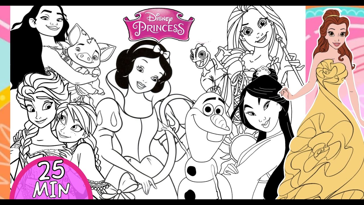LONG Disney Princess Coloring Page Compilation 30 min ARIEL SNOW WHITE BELLE TIANA MULAN ARORA ELSA