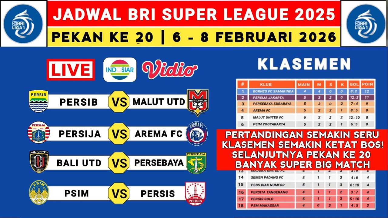Jadwal Liga 1 2025 Pekan ke 20 - Persib vs Malut United - Persija vs Arema FC - Liga 1 Indonesia