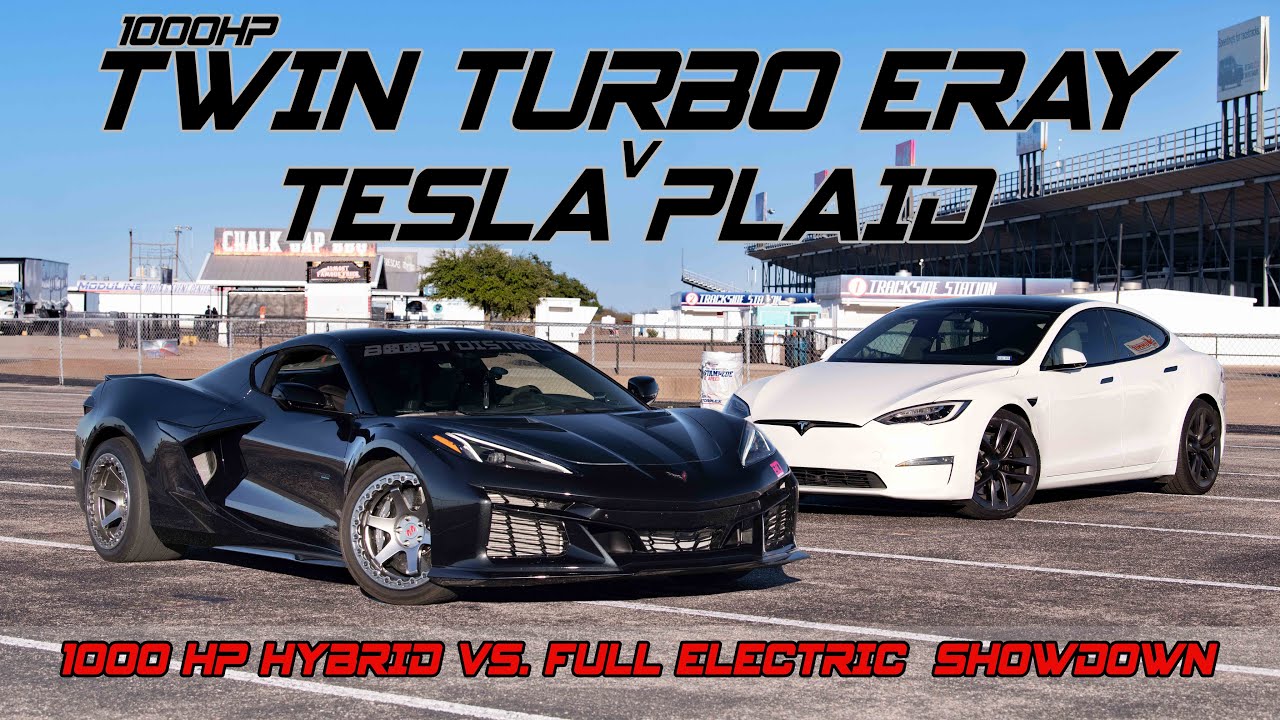 E-Ray C8 Corvette с двумя турбонагнетателями против Tesla Plaid! Гибрид против электромобиля!