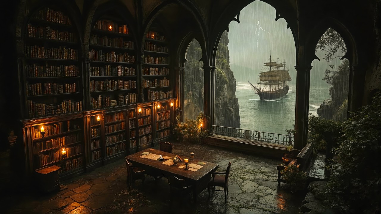 Seaside Ancient Library Ambience | Thunder And Rain Falling | Dark Academia Piano Violin