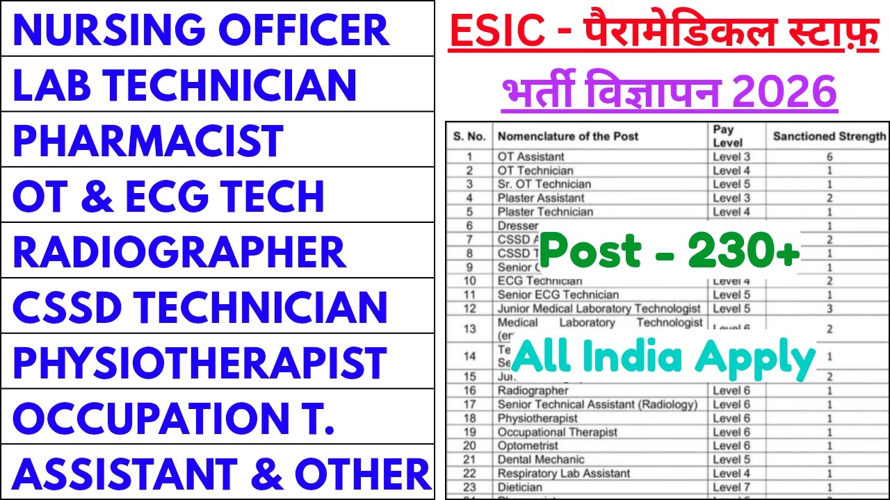 ESIC PARAMEDICAL STAFF VACANCY 2026 - NURSING OFFICER, LAB TECHNICIAN, PHARMACIST, OT TECH, ECG TECH