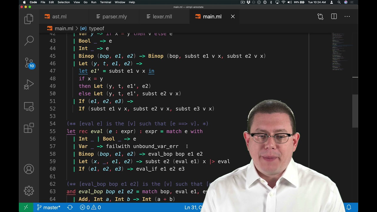 SimPL Type Checker Part 1 | OCaml Programming | Chapter 9 Video 34
