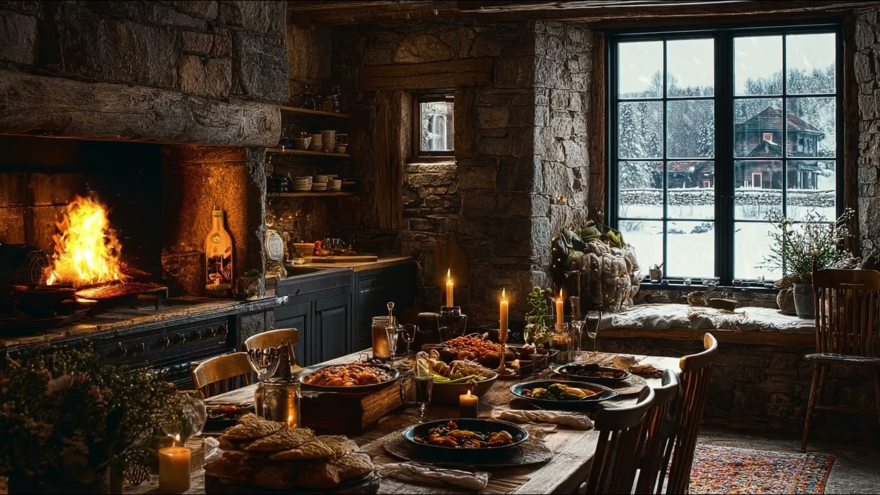 Peaceful Winter Kitchen Ambience 🍲 Fireplace, Cooking & Soft Home Sounds