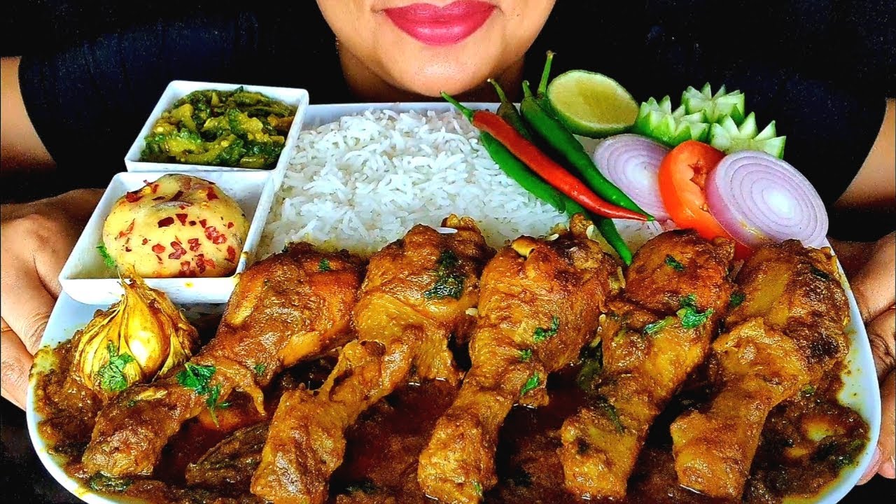 ASMR:SPICY GARLIC CHICKEN BHUNA,BITTER GOURD FRY,MASHED POTATO WITH BASMATI RICE ||ZAKIA-SPICY ASMR