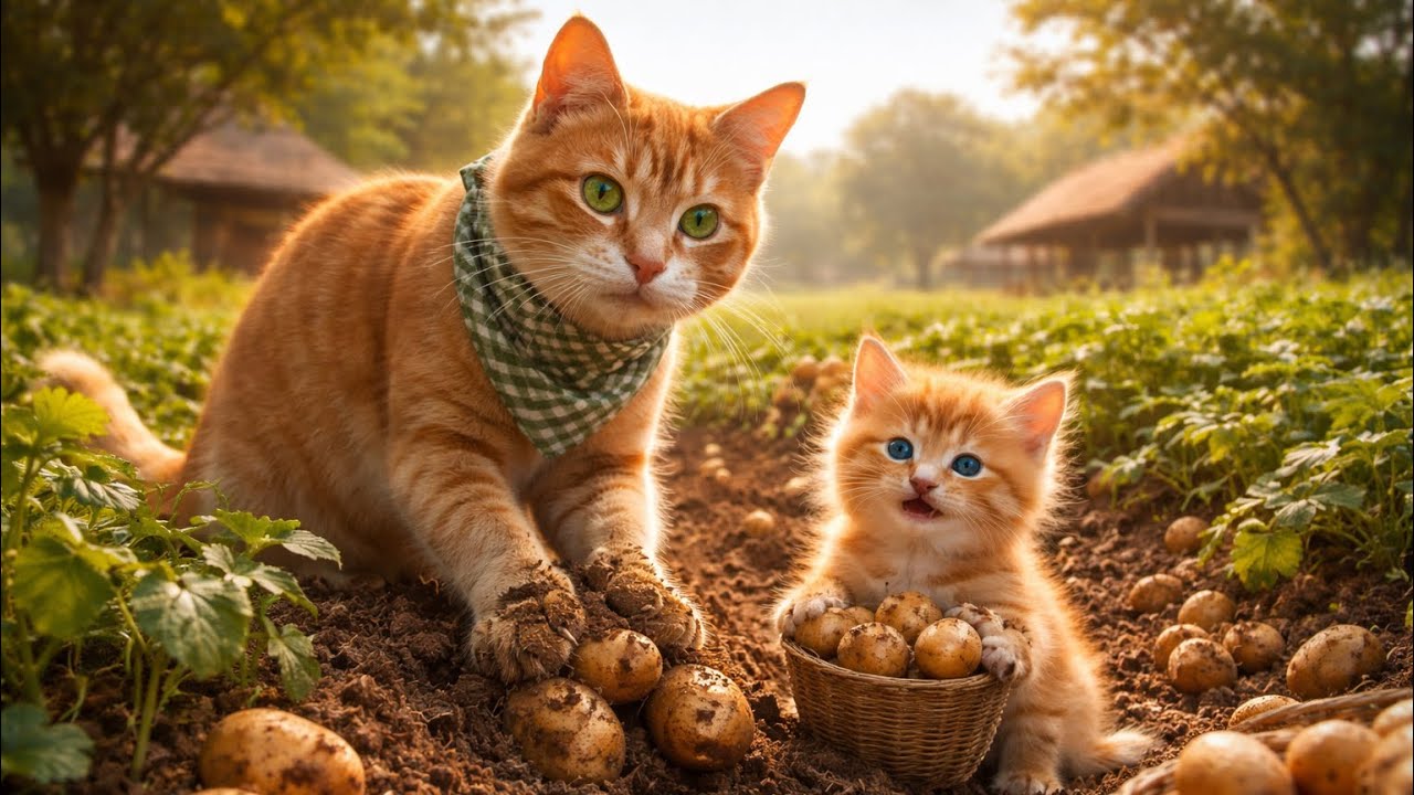 Mama Cat & Ginger Potato Farming🥔|Village Farming Story That Will Make You Smile | #tinypawstales
