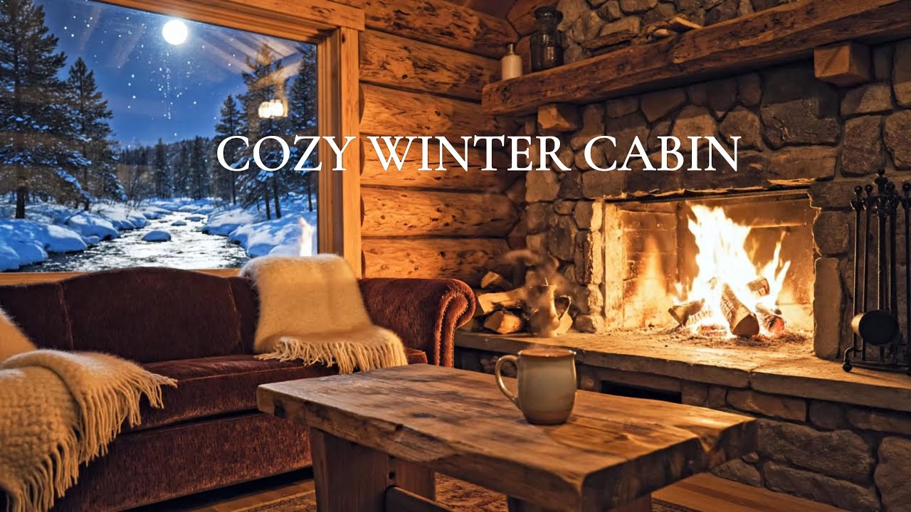 Fireplace in a Cozy Winter Cabin - Relaxing Night Ambience