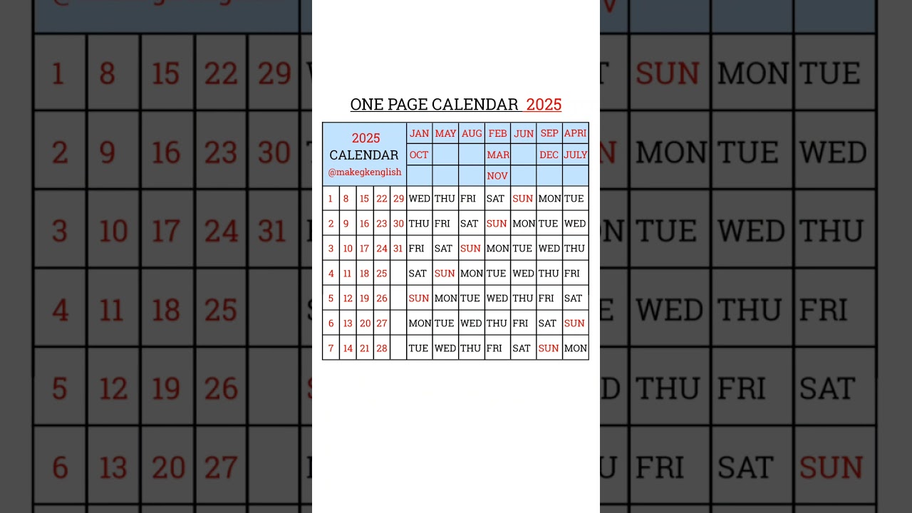 One Page Calendar 2025 | Calendar 2025 | 2025 Calendar | New Calendar #shorts #ytshorts #calendar
