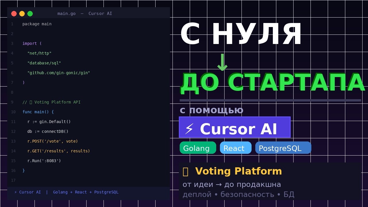 Строю стартапы с нуля  в прямом эфире, с ошибками и без купюр.Cursor AI  Golang  реальный продакшн.