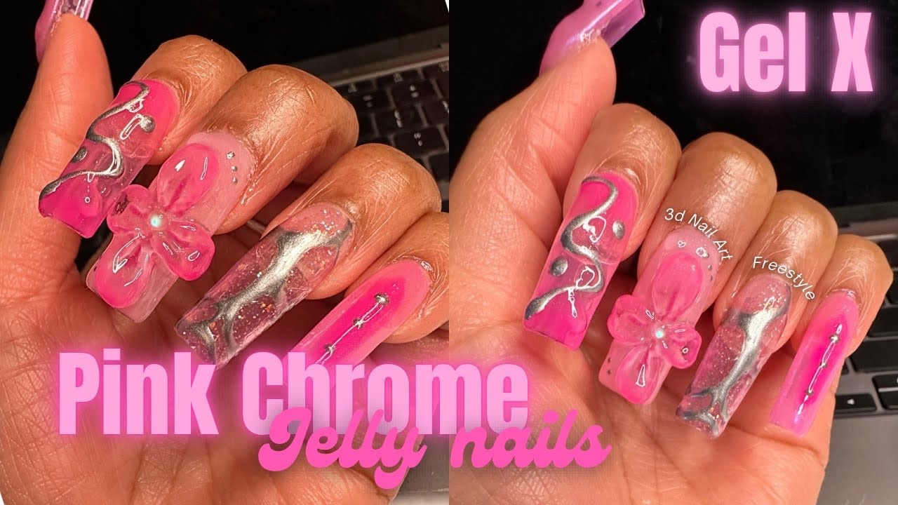 Pink Chrome Gel X Nails using BORN PRETTY Jelly Gels | 3d Flower Nail Art | Aura Ombre Gel Nails