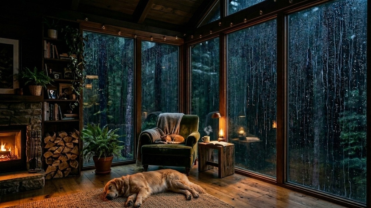 Deep Night Rain on Floor-to-Ceiling Windows | Cozy Modern House & Fireplace (3 Hours)