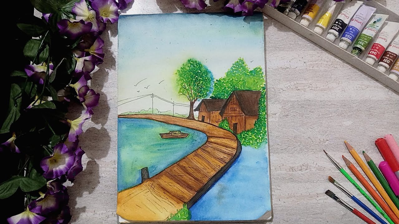 🪷✨️Easy Landscape Painting Step by Step🎨Village Scenery Drawing & Coloring✨️🪷✨️@Crafter_Nupoor✨️