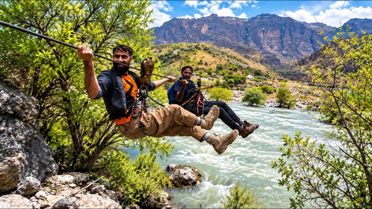 Crossing a River on a Cable to Find a Hidden Waterfall | Zagros Mountains, Iran