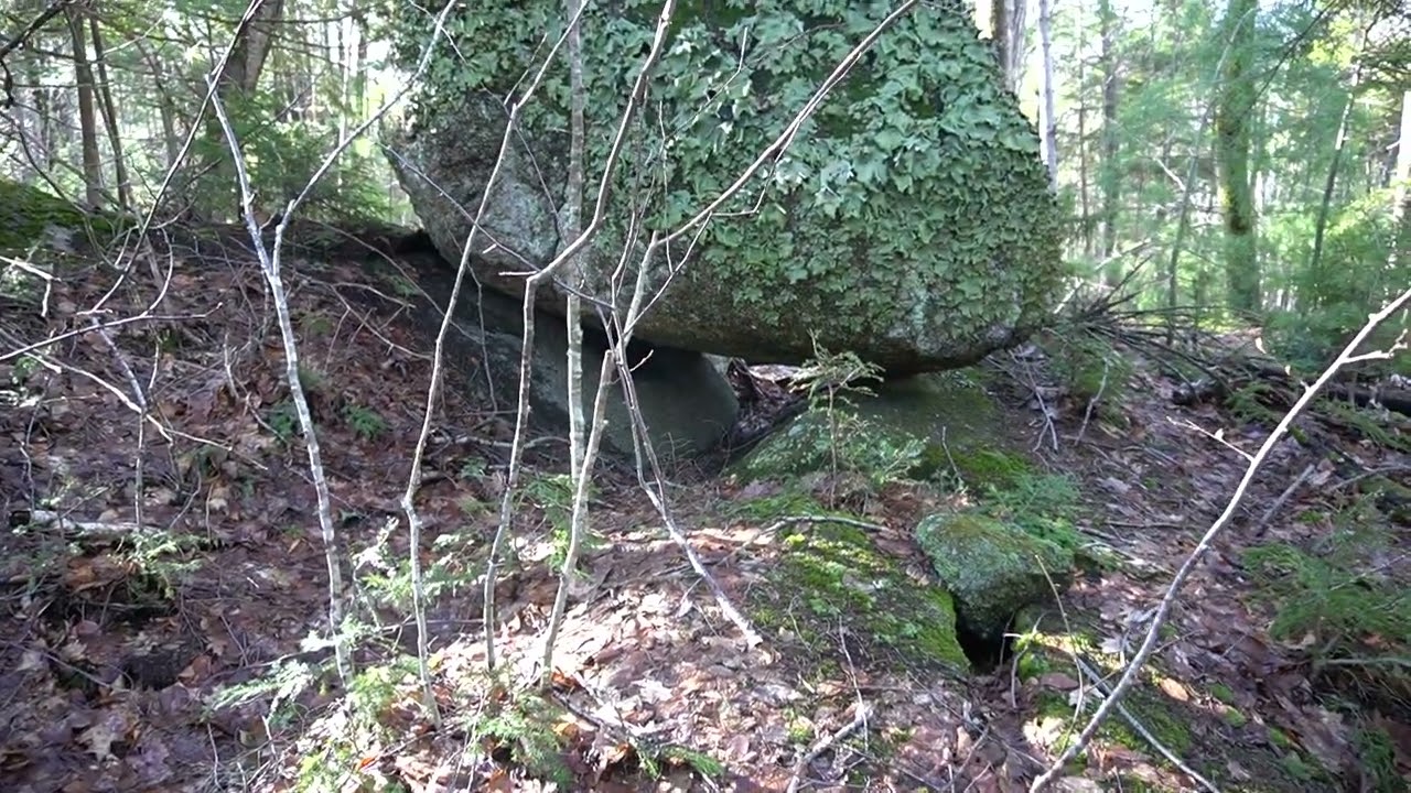 Perched Oval Boulder Near Two Stone Shrines