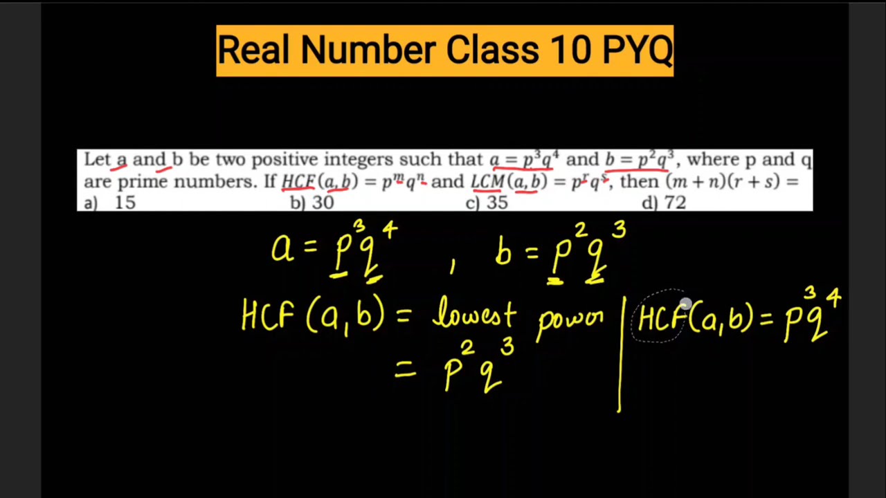 real number class 10|| if a=p3q4 and b=p2q3, If HCF(a,b) = pmqn and LCM(a,b)=prqs , then (m+n)(r+s)