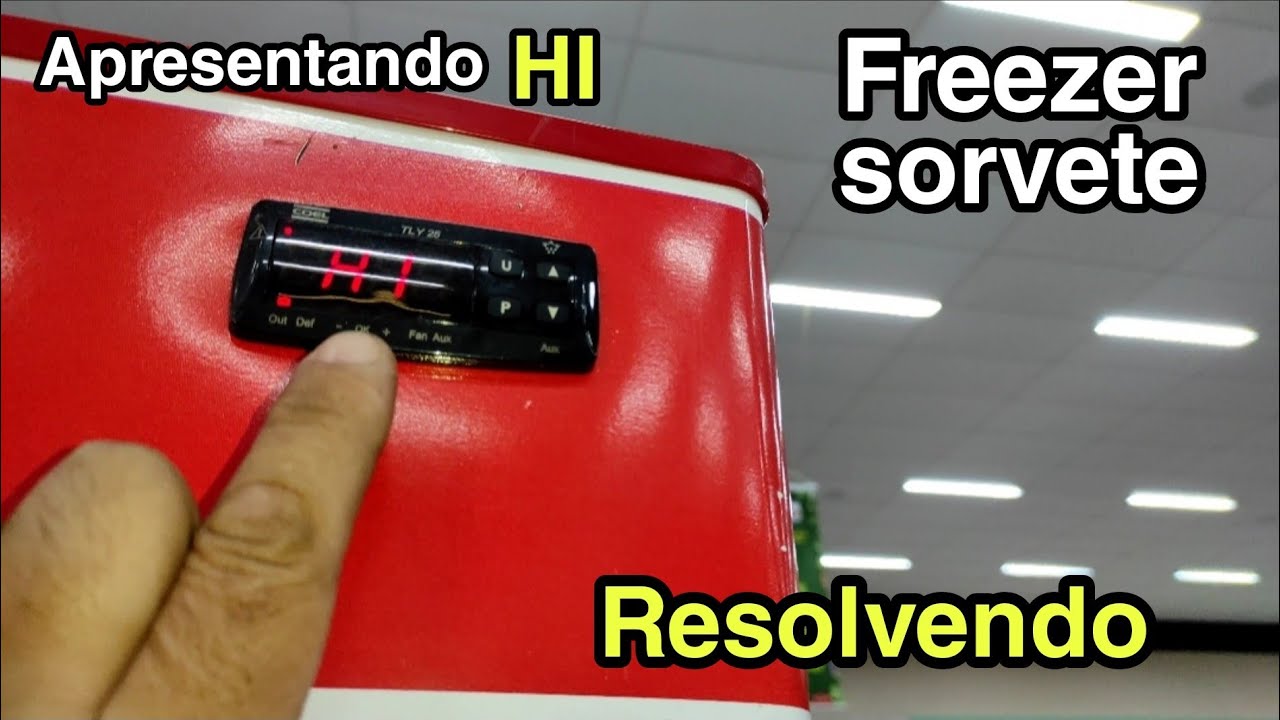 Geladeira sorvete apresentando código Hi e temperatura alta no controlador, Fricon e Metalfrio