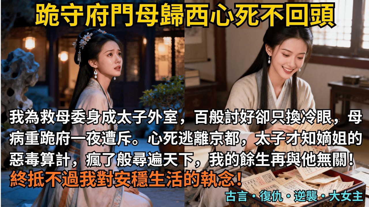 【古言逆襲】完結爽文，我為救母委身成太子外室，百般討好卻只換冷眼，母病重跪府一夜遭斥。心死逃離京都，太子才知嫡姐的惡毒算計，瘋了般尋遍天下，可我的餘生，再與他無關！#完結 #小說 #古言小說 #復仇