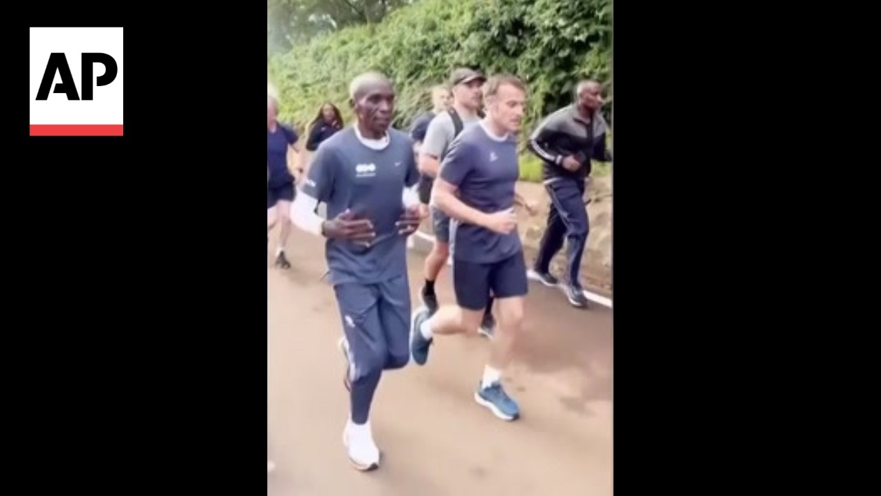 Macron runs with two-time Olympic champion Eliud Kipchoge in Kenya