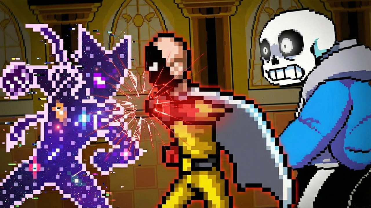 Сайтама против Гароу, но в стиле Undertale.