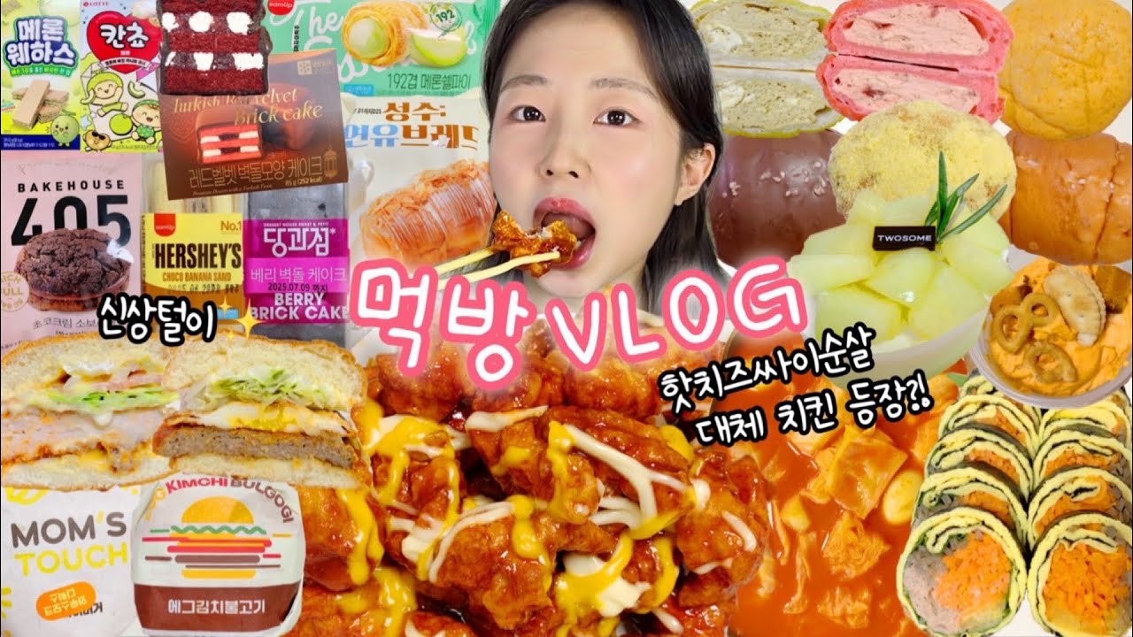 신상폭탄 도착이요🙋🏻‍♀️ 먹방VLOG | 편의점신상 벽돌초콜릿 메론파티 롯데리아 김치불고기 맘스터치 맵시크 저당양배추볶이 김밥 크림소금빵 쿠키쫀득빵 코코로나인푸딩