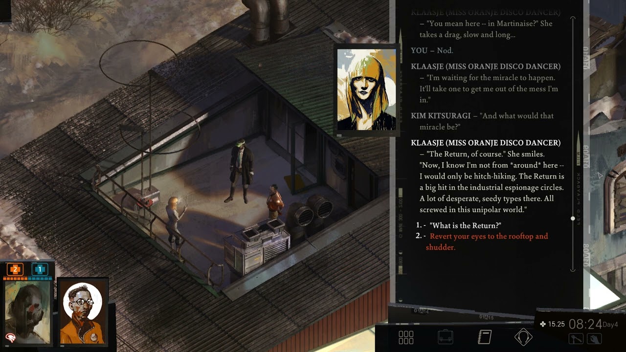 Disco Elysium - the Shivers check on Klaasje's roof