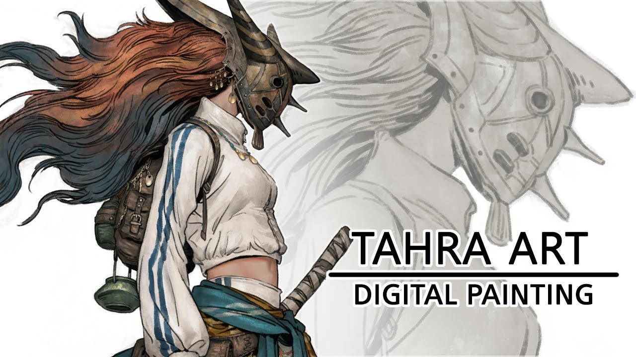 Girl in a tracksuit with an ancient mask Digital painting video Tahra art 디지털 페인팅