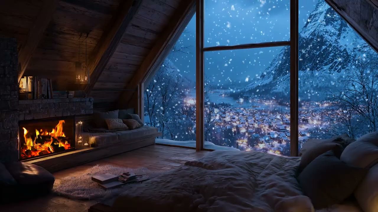 Gentle Winter Nights - Cozy Fireplace Crackling & Snowfall Ambience for Relaxation and Deep Sleep ❄️