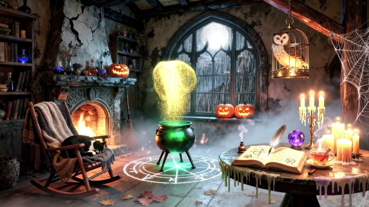 Cozy Rain & Fire Sounds in Magical Room | No Music | 1 Hour Halloween Ambience