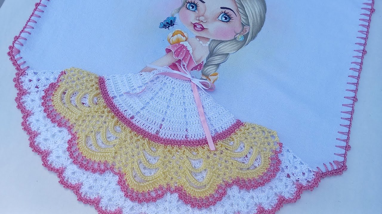 SAIA DE CROCHÊ PARA BONECA PINTADA NO PANO DE PRATO - 🌸SARA🌸