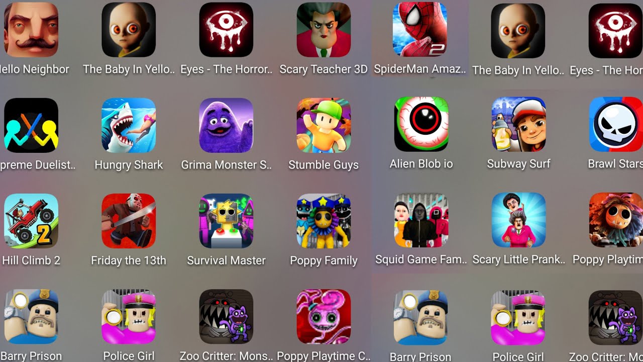 Grimace Monster Scary Survival,Poppy Playtime 4,Squid Family,Barry Police Girl,Amazing SpiderMan 2..