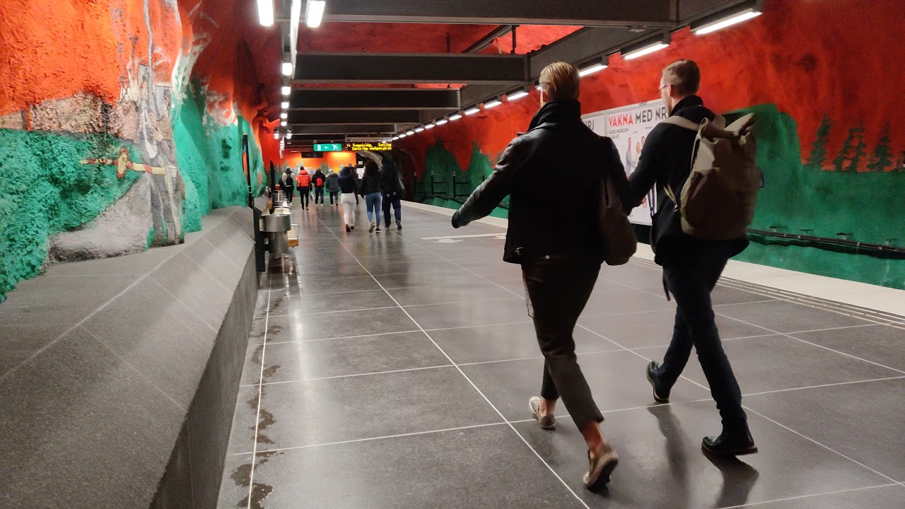 Stockholm metro trains calling at Solna Centrum T-Bana: amazing subway stations of Sweden!