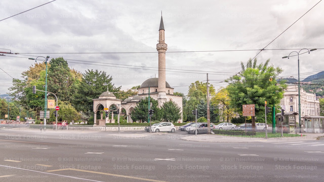 Ali Pasha Mosque timelapse hyperlapse with traffic on intersection in Sarajevo