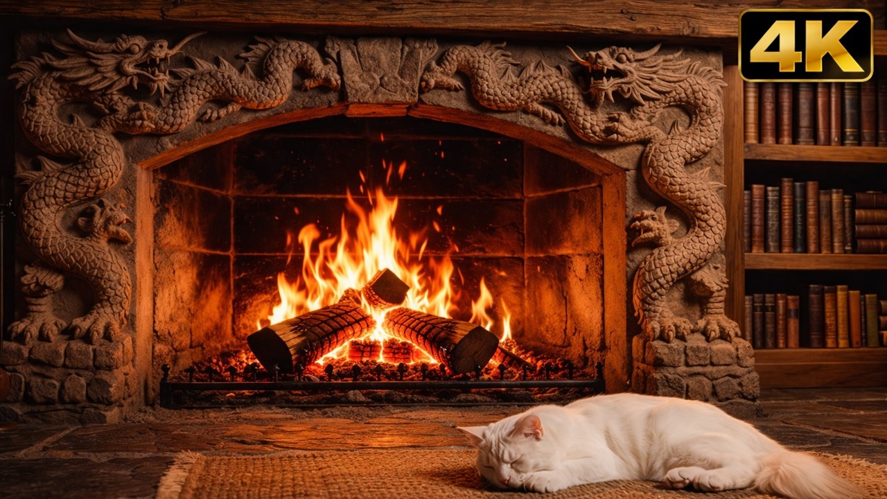Cozy Dragon Fireplace 🔥 Sleeping White Cat & Warm Cabin Fire for Deep Sleep (1 Hour)