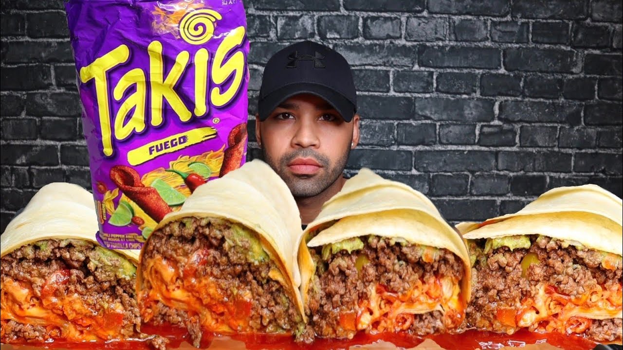 (ASMR NO TALKING) TAKIS HOT CHILI PEPPER & LIME CHEESE BURRITO MUKBANG