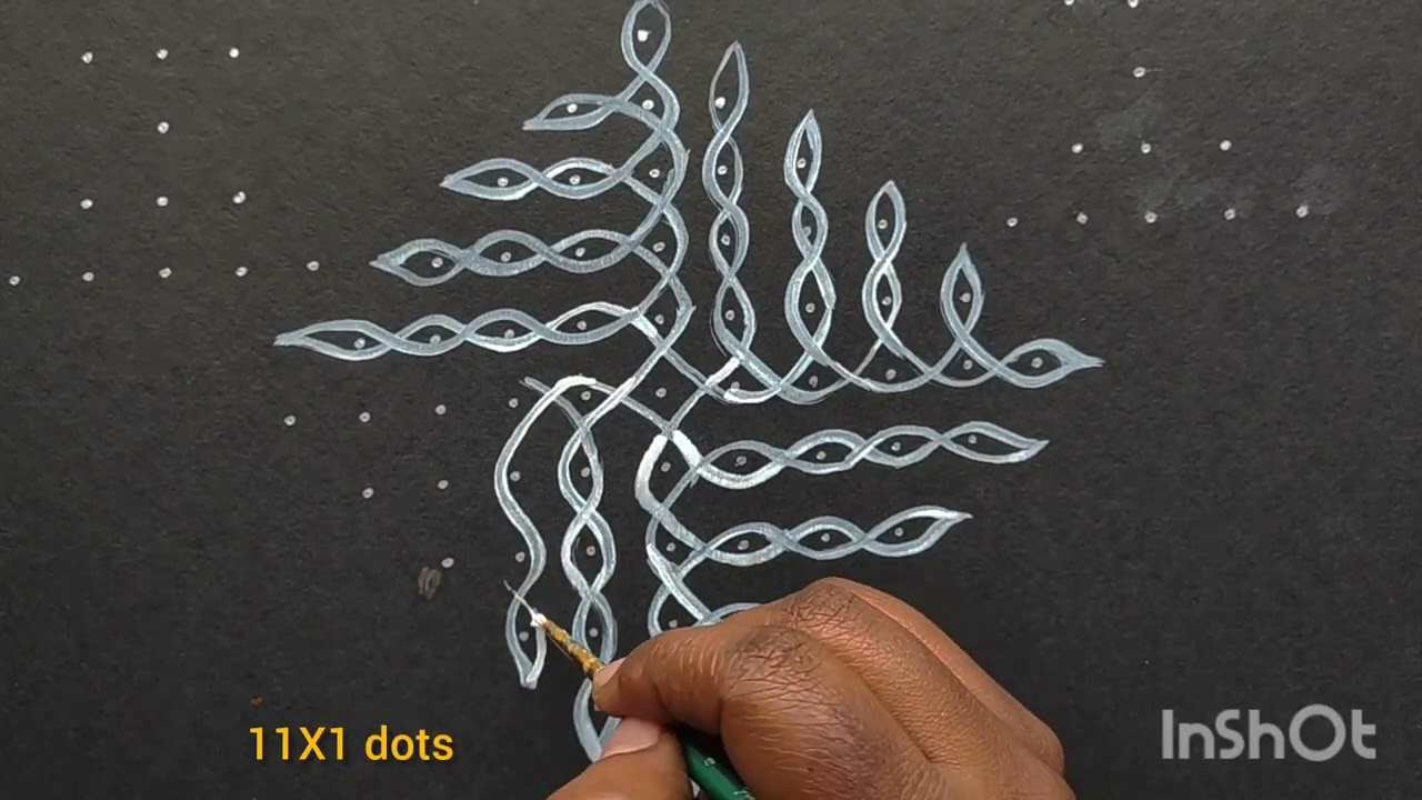 #Supereasy daily kolam rangoli with beautiful borders #11x1 dots easy rangoli#0002