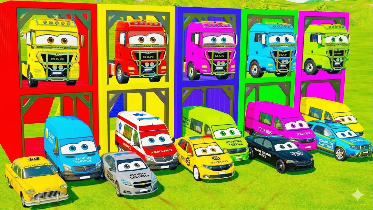 TRANSPORTING POLICE CARS, AMBULANCE, FIRE TRUCK, COLORFUL CARS WITH TRAIN  FARMING SIMULATOR 22!
