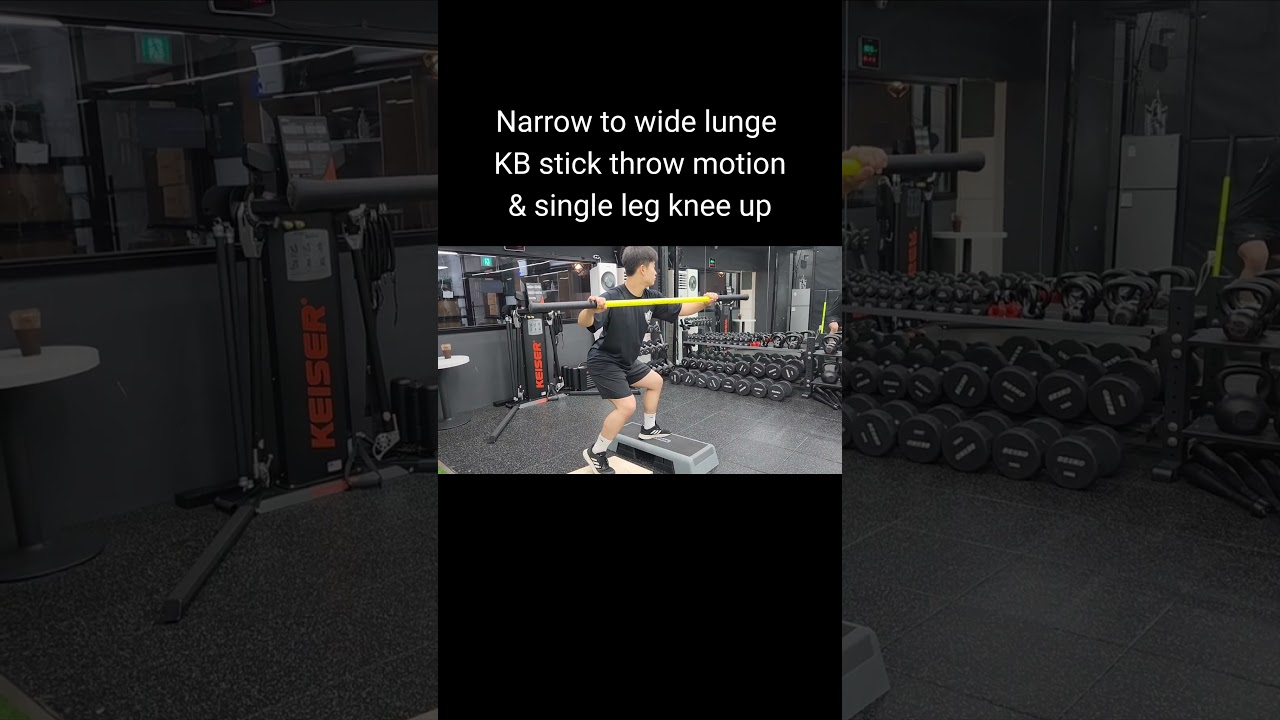 Dynamic disc + step box narrow to wide lunge KB stick throw motion & single leg knee up