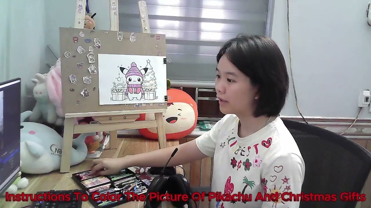 instructions to color the picture of pikachu and christmas gifts