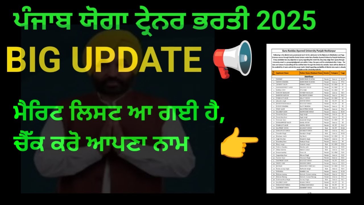 Punjab yoga trainer merit list out | Punjab yoga trainer result |  yoga trainer result 2025