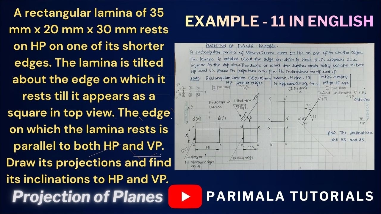 Projection of Planes_ Rectangular Lamina_ Shorter Edge Resting on HP_ Example 11_Engineering Drawing