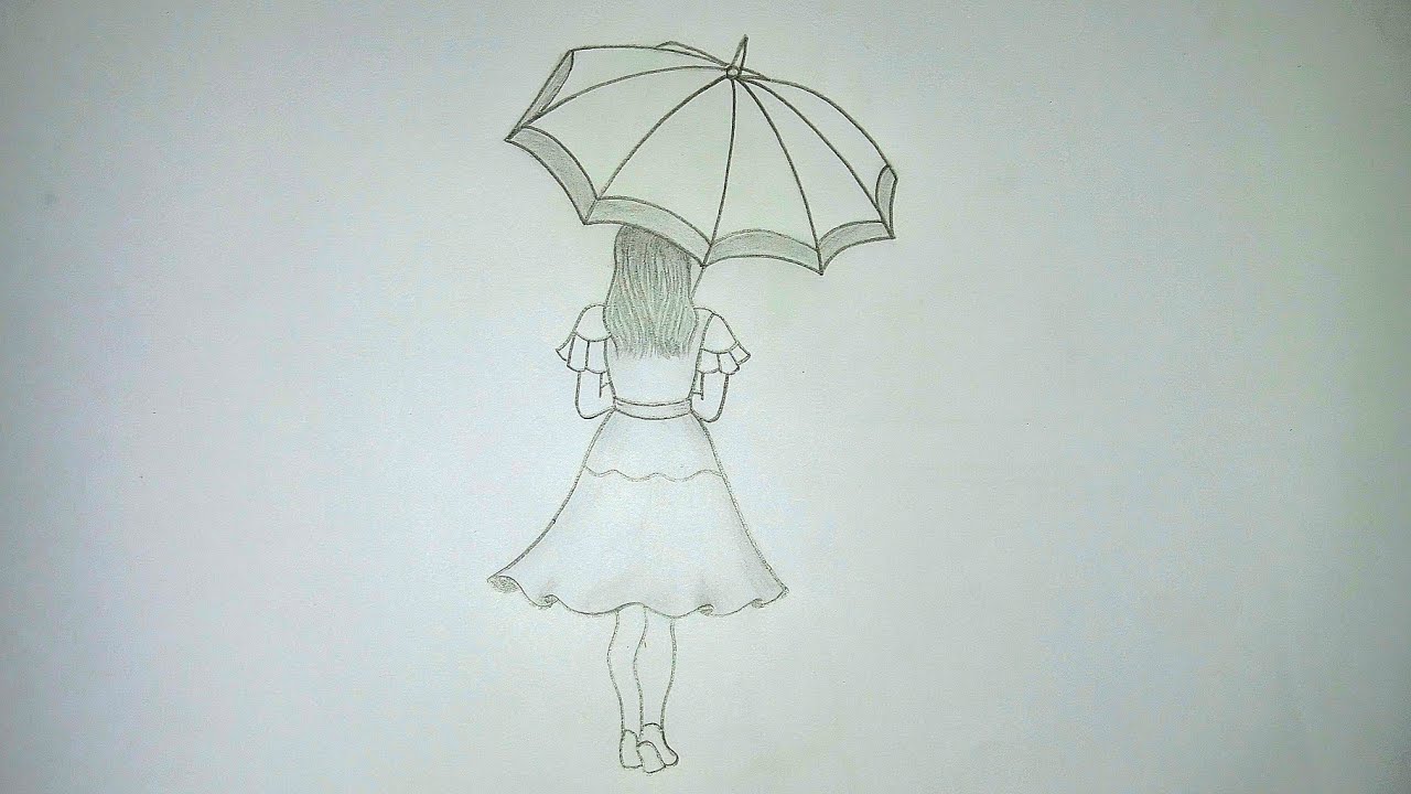 Girl Sketch With An Umbrella | Step-by-Step drawing for beginners | Back View Of Girl