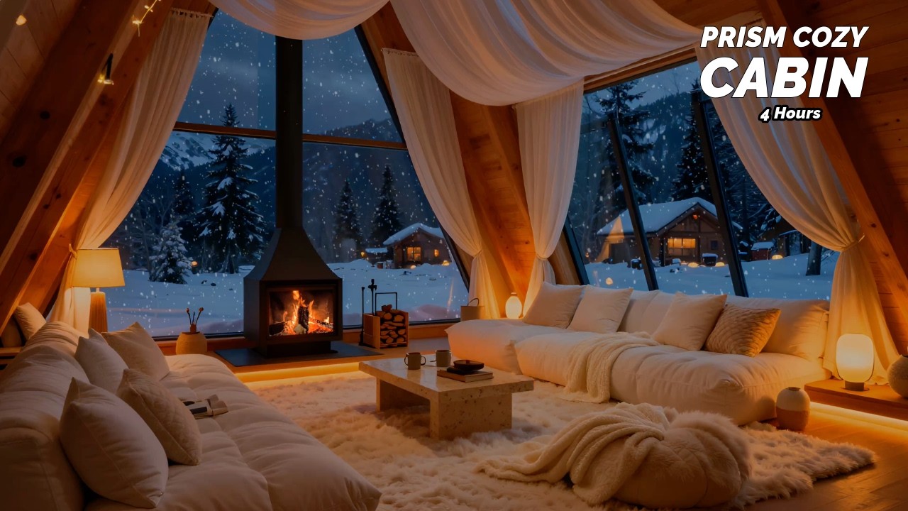 Dark Cozy Prism Cabin ❄️🔥 Freestanding Fireplace, Snow & Gentle Piano (4 Hours)