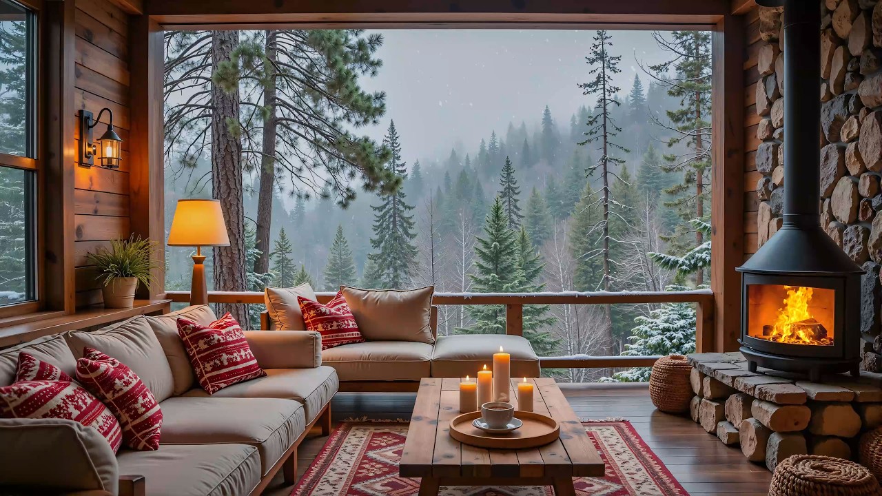 Cozy Rustic Cabin Piano Ambience ❄️🔥 Warm Fireplace, Snowfall Scene & Chill Winter Vibes