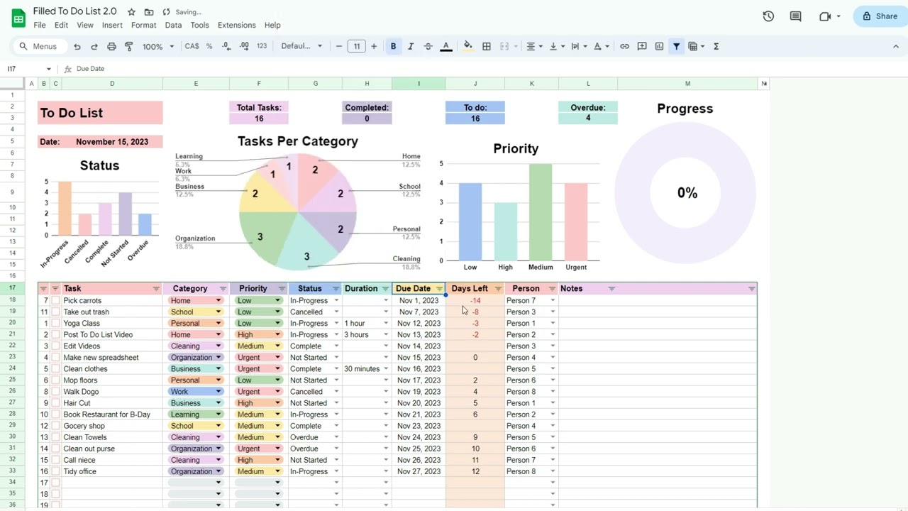 Шаблон таблицы списка дел для Google Таблиц и Excel
